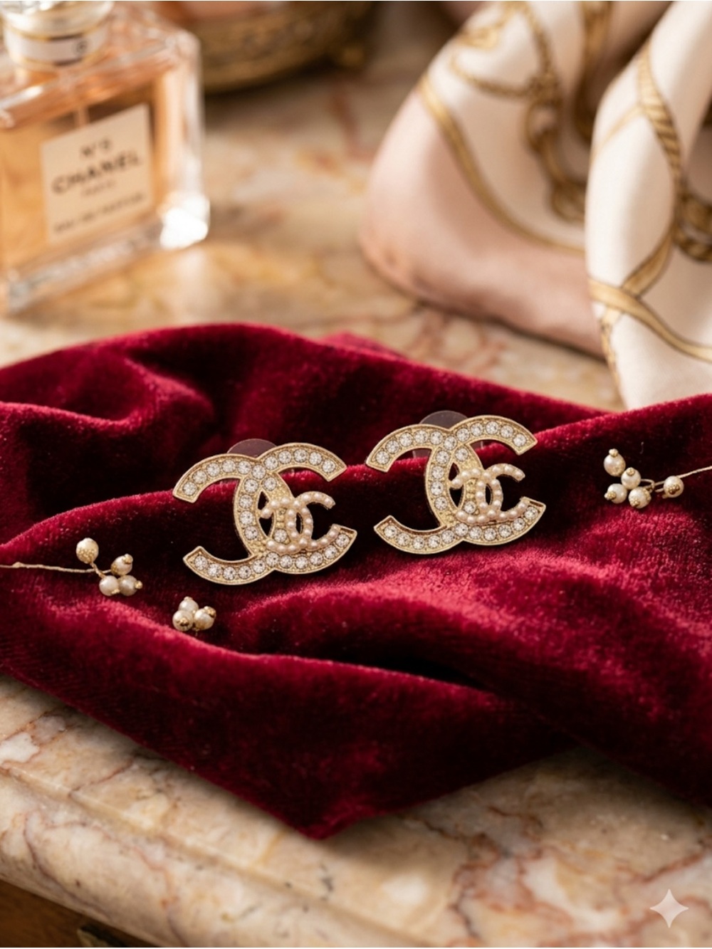 Fashion Jewelry Gold-Tone Crystal & Pearl Double C Stud Earrings